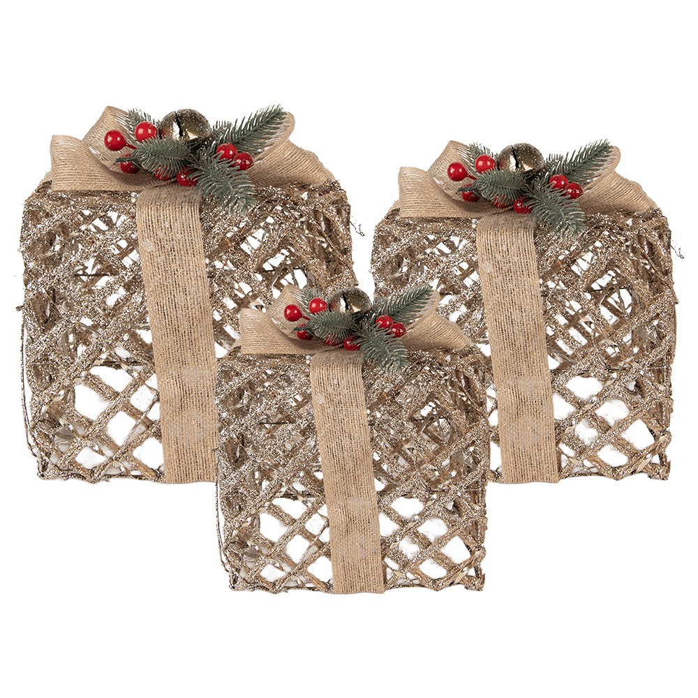 [66308] Decorazione regalocon LED set de 3 Color oro 25x25x30 / 20x20x24 / 15x15x17 cm / 6xAA