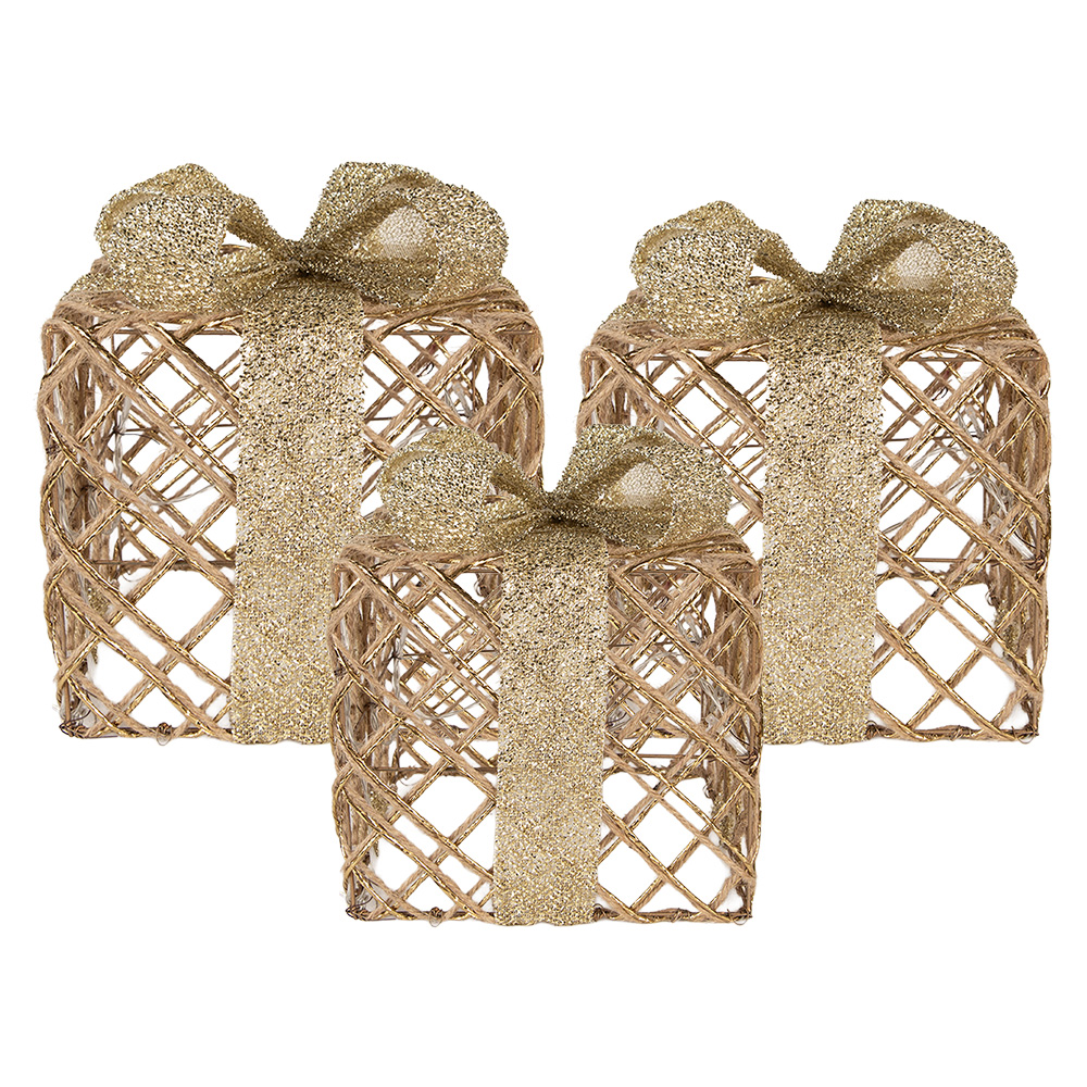 [66311] Dekoration Geschenk mit LED 3er Set Goldfarbig 25x25x30 / 20x20x24 / 15x15x17 cm / 6xAA