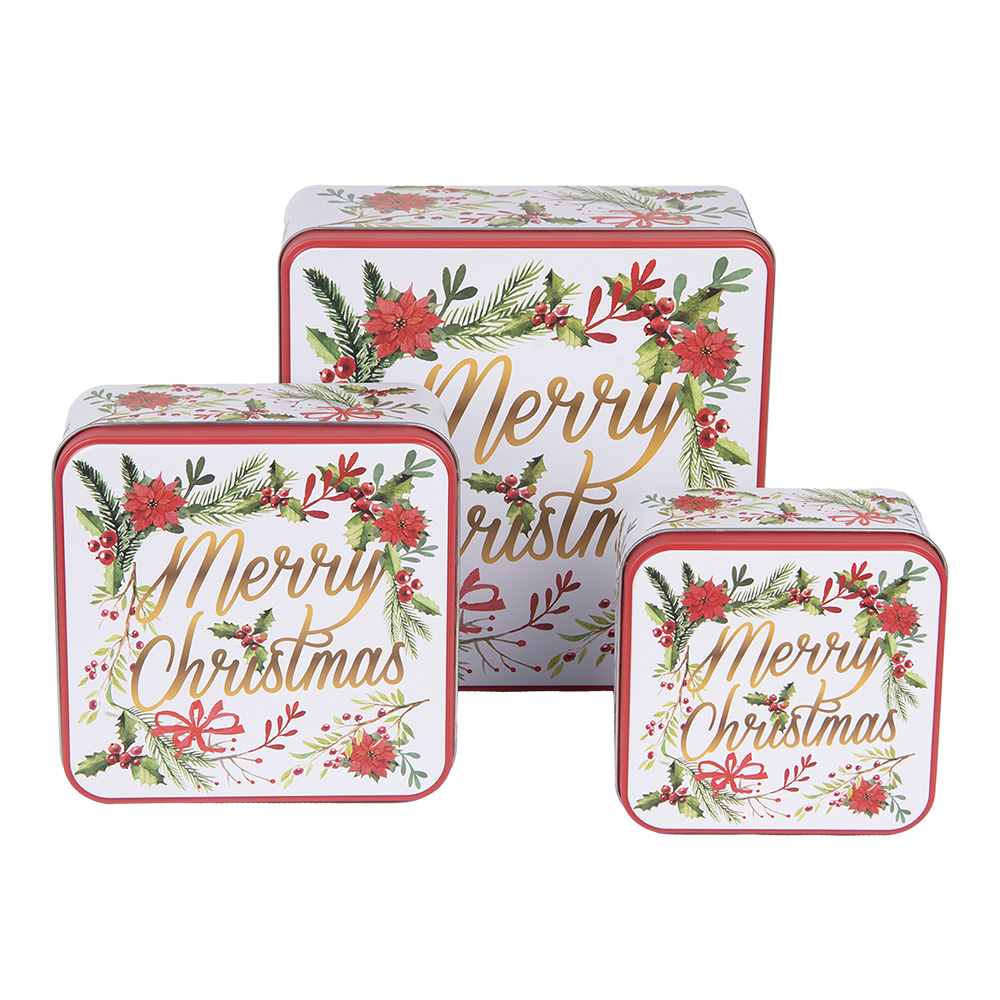 [6BL0175] Blech Vorratsdose  3-er Set Weiß Rot 20x20x8 / 15x15x7 / 12x12x6 cm