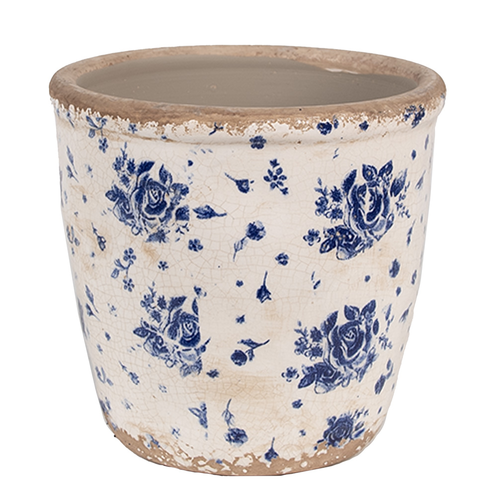 [6CE1658M] Vaso Porta Pianta Beige Blu Ø 15x14 cm