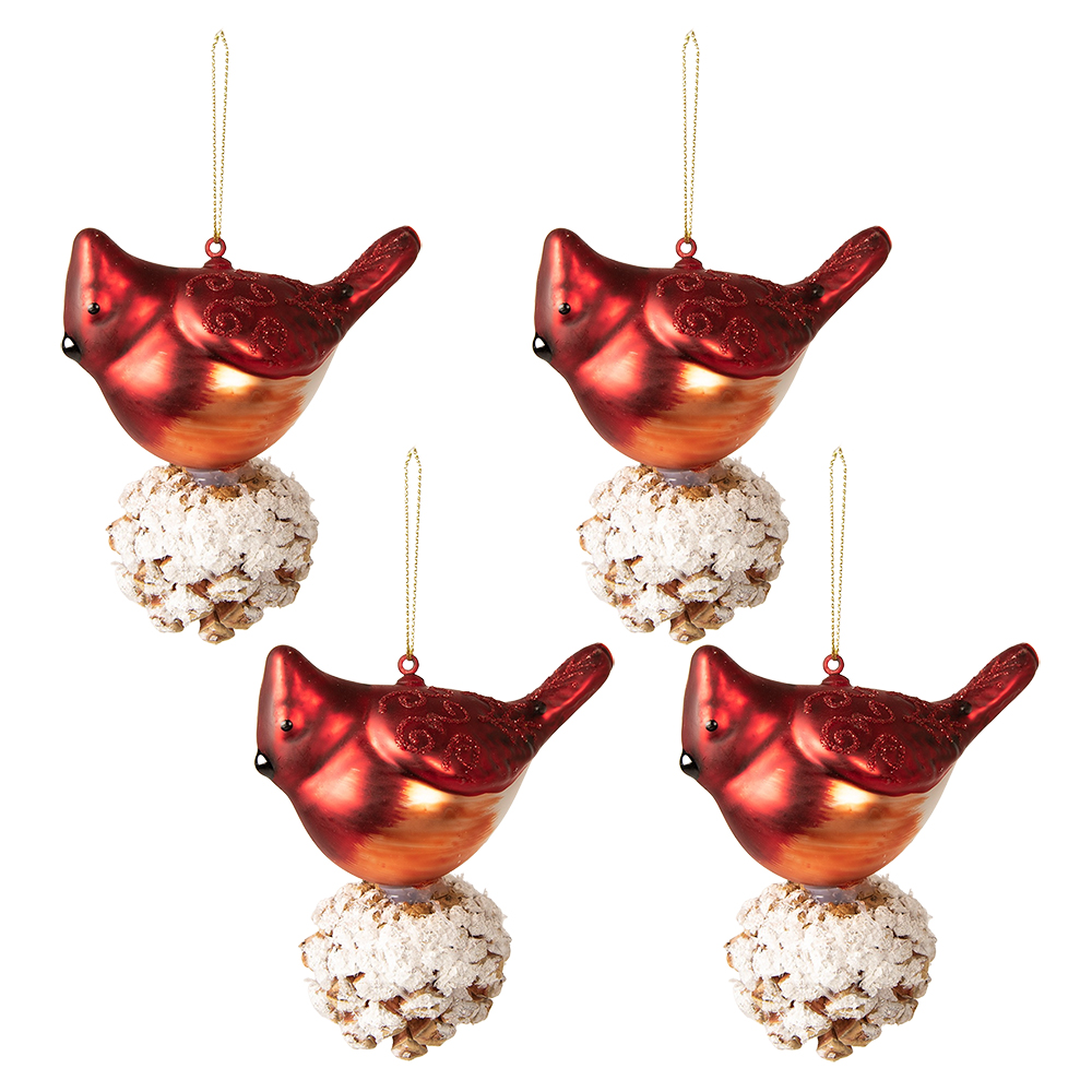 [6GL3958] Weihnachtskugel Vogel Rot, Weiß set 4 11x6x11 cm