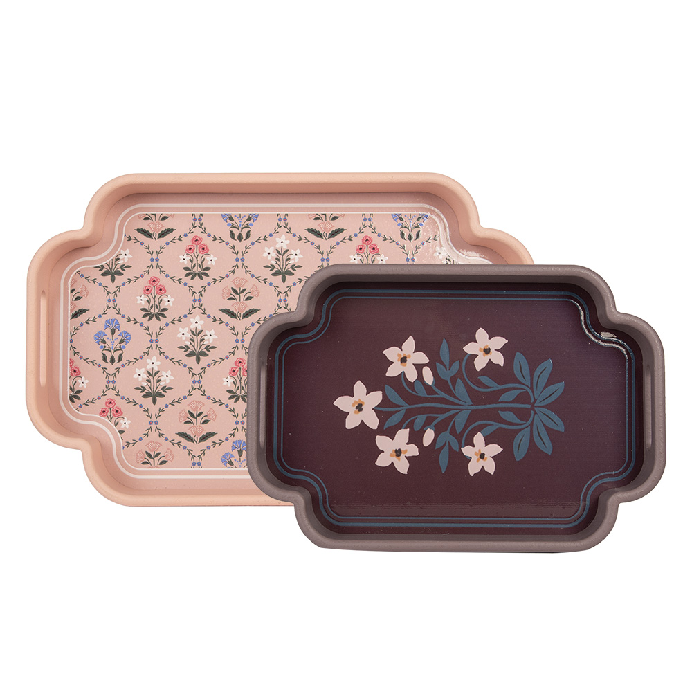 [6H2463] Dekoratives Tablett (2er Set) Rosa Violett 46x30x5 / 35x24x5 cm