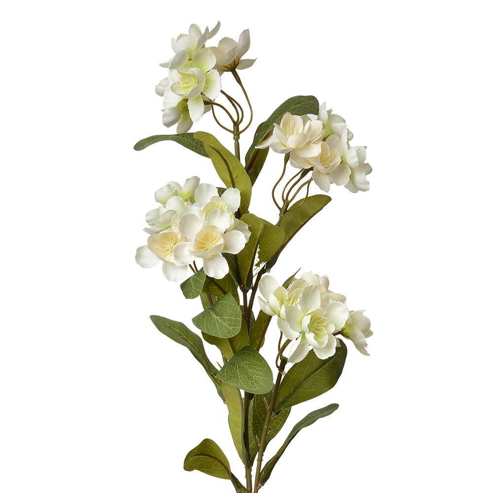 [6PL0344W] Deko Ast mit Blumen Weiß Grün 17x14x70 cm
