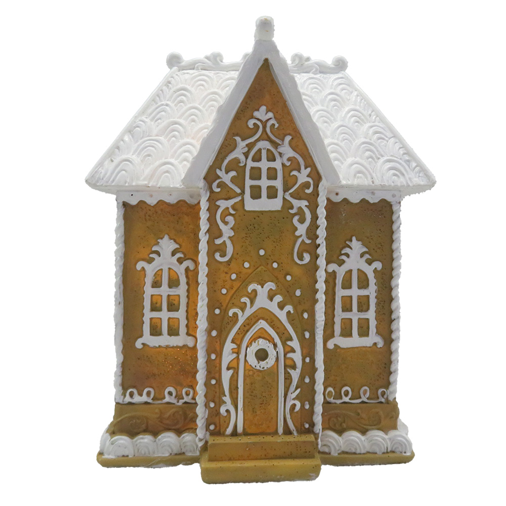 [6PR4191] Decoration House with LED Brown White 12x9x15 cm