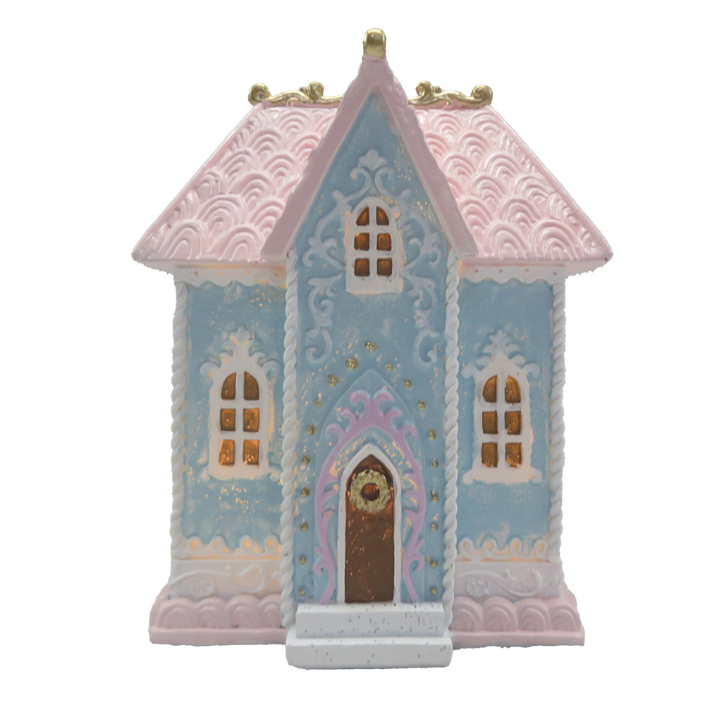 [6PR4198] Decoration House with LED Blue Pink 12x9x15 cm