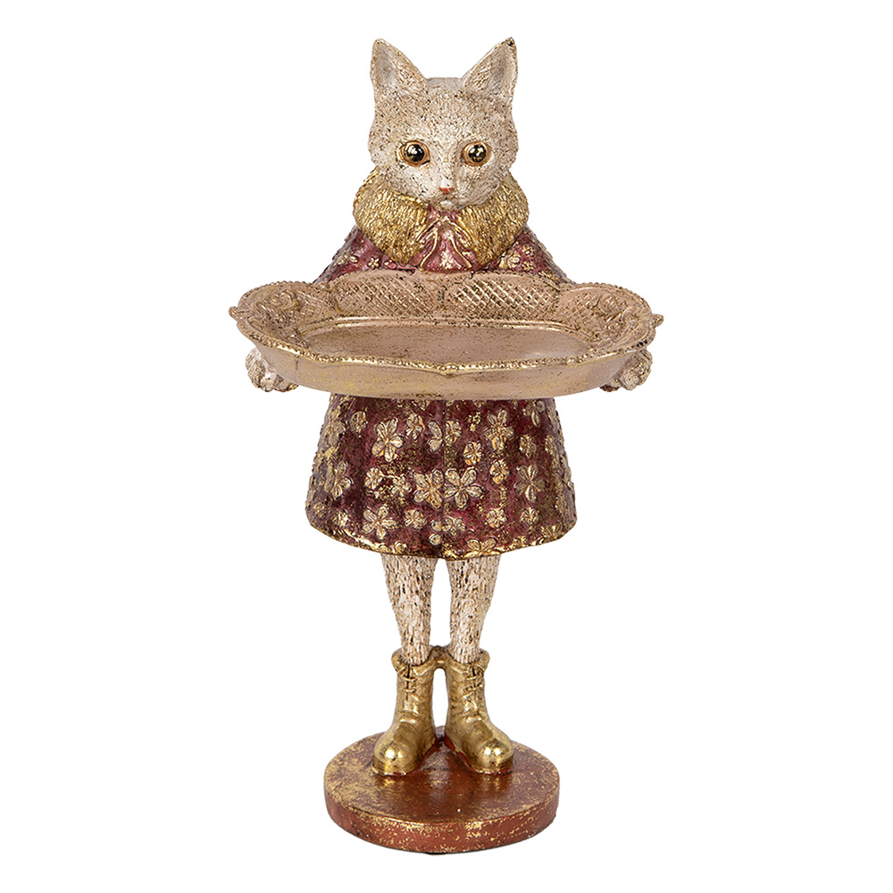 [6PR5142] Decorativa Gatto Beige Rosso 16x14x27 cm