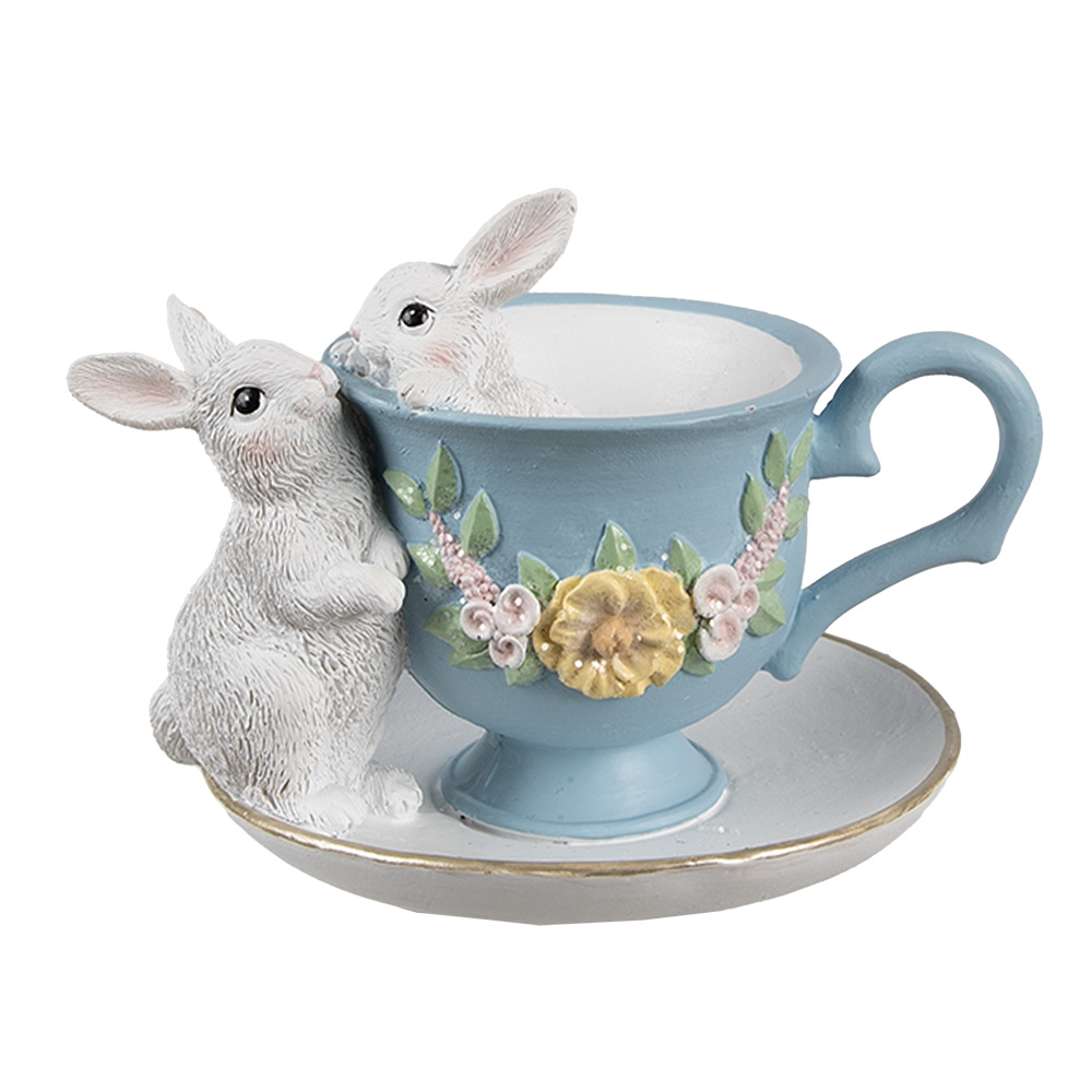 [6PR5178] Deko Kaninchen Weiß Blau 13x16x12 cm