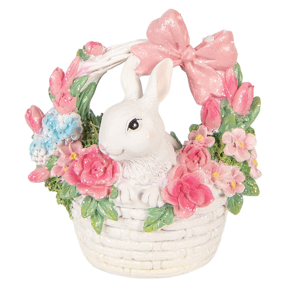 [6PR6068] Decorazione Coniglio in cesto Bianco Rosa 15x9x16 cm
