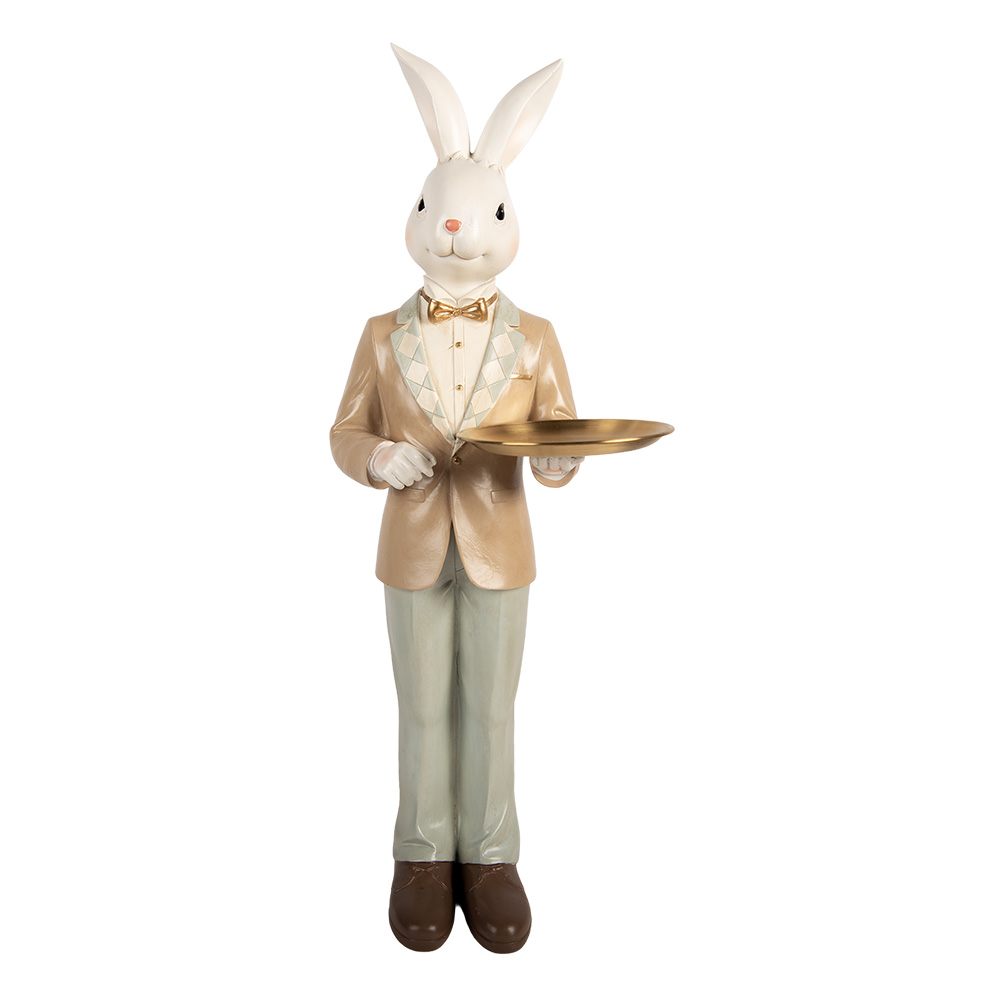 [6PR6114] Décoration Lapin avec plat Blanc Brun 20x20x56 cm