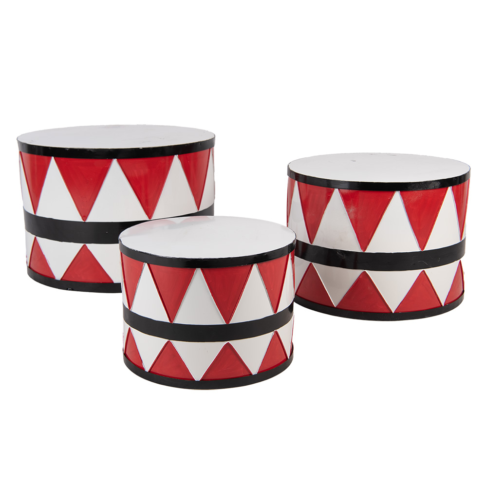 [6Y5732] Decorative Drum White Red  (set 3) Ø 47x32 / Ø39x28 / Ø 31x22 cm