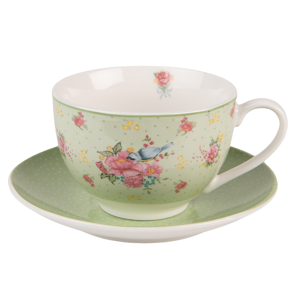 [CHBKS] Kaffeetasse mit Unterteller Grün, Beige, Rosa 12x9x6 cm / Ø 14x2 cm / 200 ml