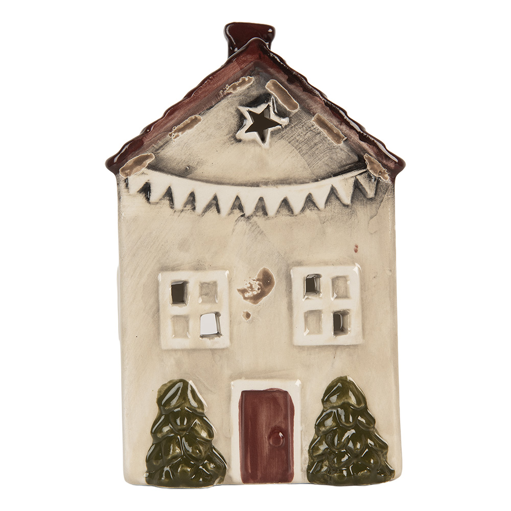 Tealight Holder Christmas House Beige Red 10x8x15 cm
