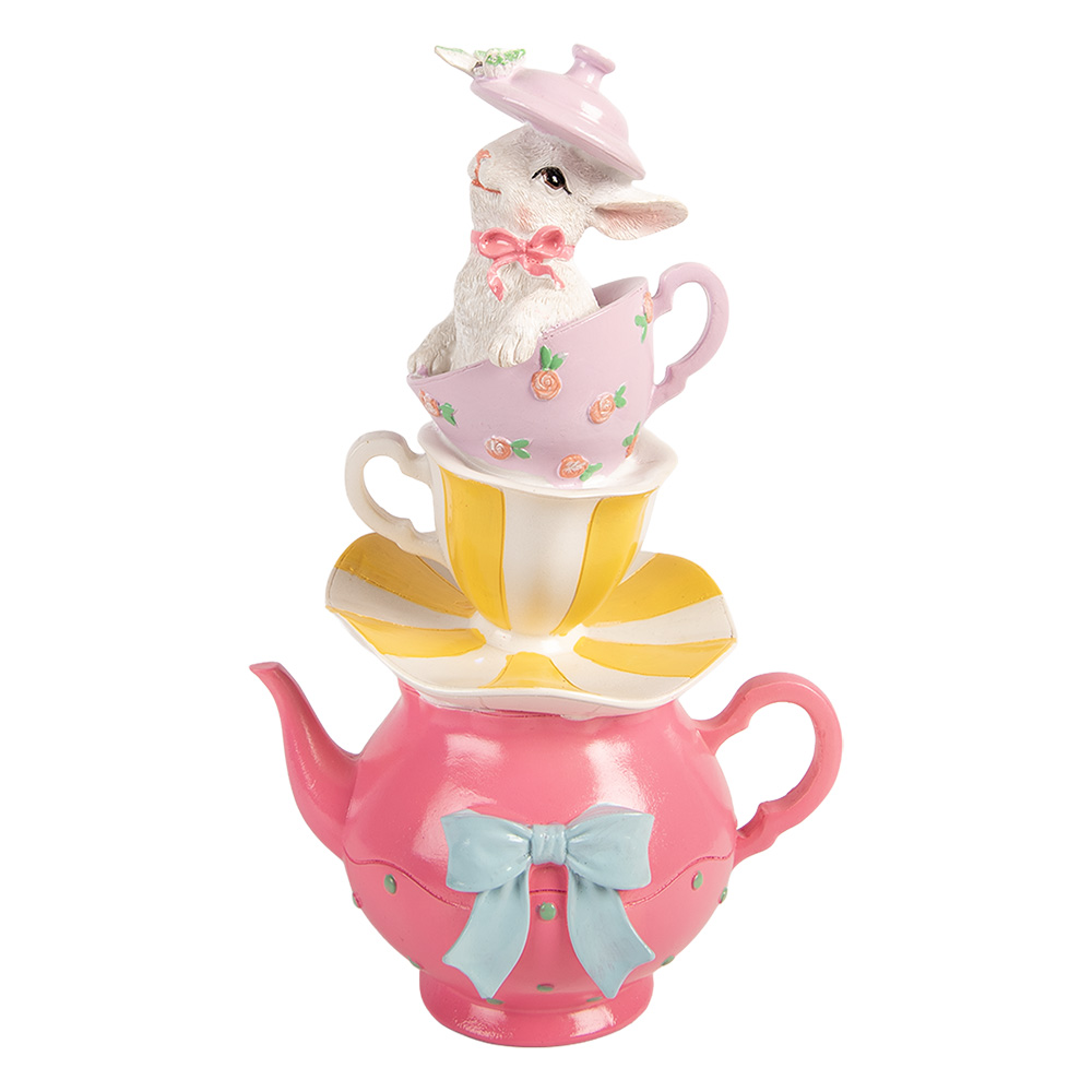 Décoration théière avec tasses empilées Blanc Rose 16x13x26 cm